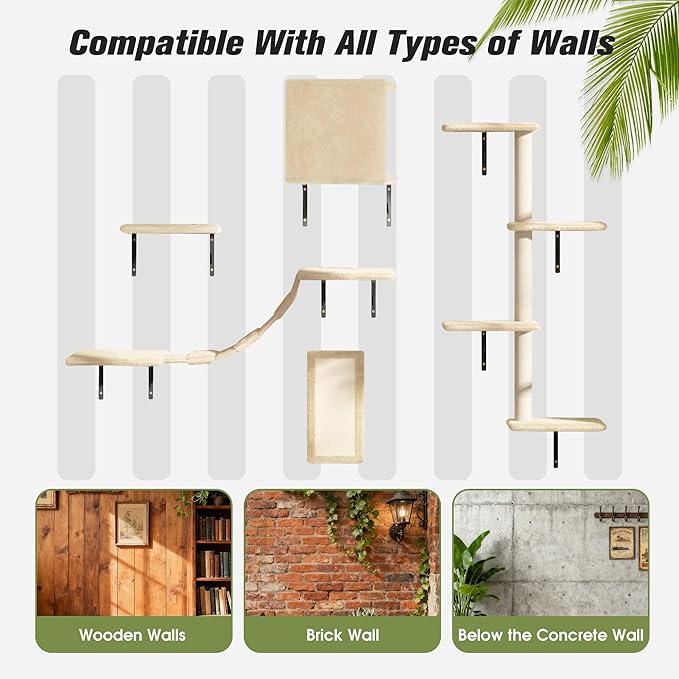 COZIWOW 5-Piece Cat Tree Set with Wall Mounted Cat Shelves, Cat Scratching Post & Cat Wall Furniture, Multi-Functional Indoor Cat Jungle Gym, Essential for Cat Room, Suitable for Large Cats(Beige)