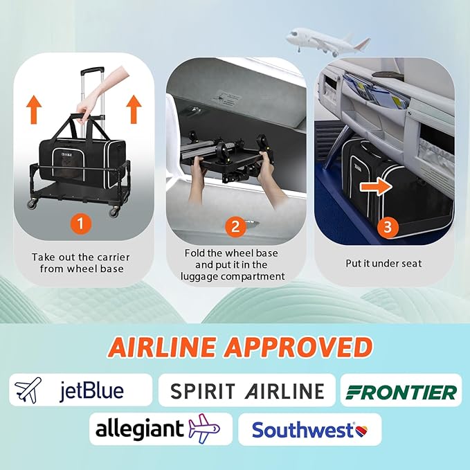 Petskd Small Pet Carrier with Wheels (17" L x 12" W x 8.5" H), JetBlue/Allegiant/Spirit Airlines Approved, Rolling Pet Carrier for Small Dogs & Cats (Black)