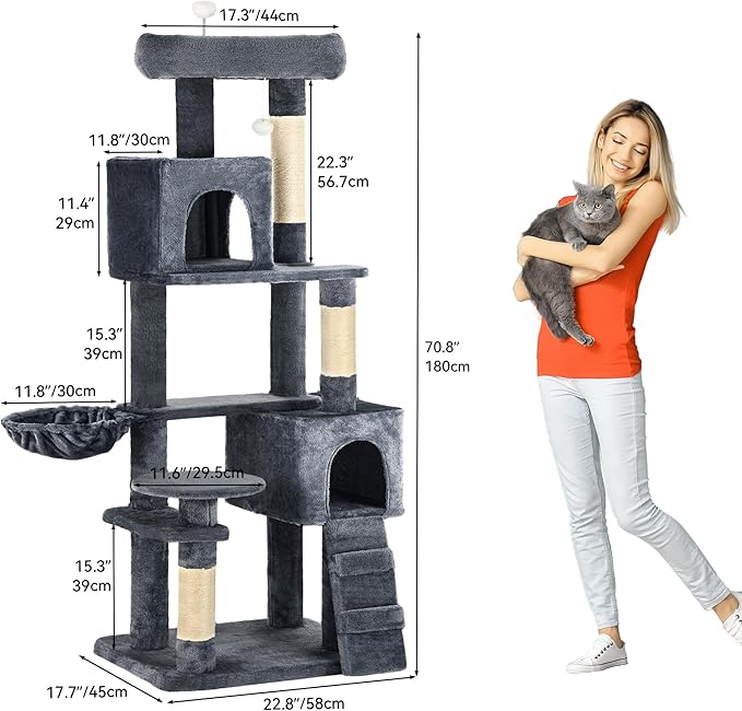 DWVO Cat Tower 70.8in for Indoor Cats: Multi-Tiered Feline Furnishing with Snug Cat Bed, Scratch Poles, Feline Window Cushioned Plush Roost for Young Cats Animal Activity Center Dark Gray