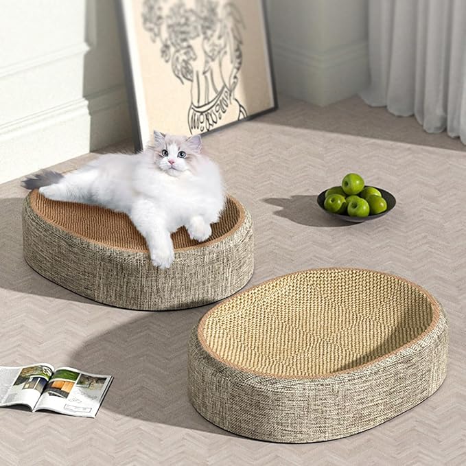 2025 2-in-1 Cat Scratching Bed, 16" Extra Large Scratcher Up to 20lbs, Durble Sisal Sleeping Mat, Resilient Scratching Mat, Oval Cat Scratch Pad, Cozy Sleep Surfce for Indoor Cats