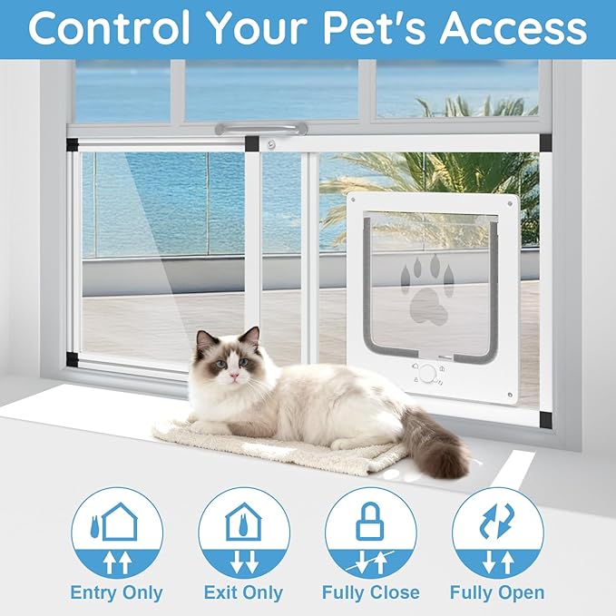 Sliding Cat Door for Window, Fits 28.5"-32" Width Window, 1-Min Install | Aluminum Frame + HD Glass | Weatherproof Design | Magnetic Closure Window Cat Door Insert, Adjustable Pet Door Window for Cats