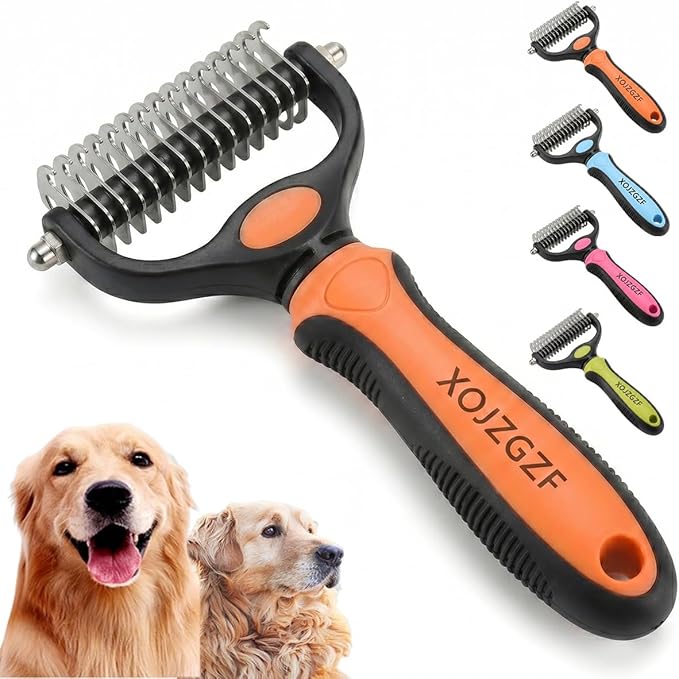 Professional Deshedding Tool for Dogs & Cats, Pet Pro Grooming Tools, Indoor Cat Double-Sided Brush Rake, Pets Hair Remover Shedding, Long Haired Dog Brushes, Undercoat Combs Supplies(Orange-L)