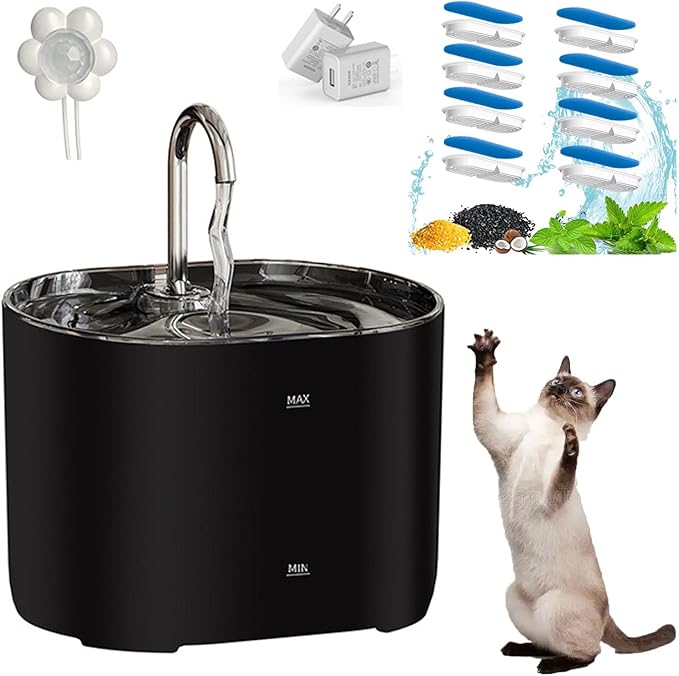 Automatic Cat Water Fountain, 2.2L Pet Fountain, Silent Dog Water Dispenser with Replacement Filters and Stainless Steel Tray for Cats, Dogs, Multiple Pets,Black