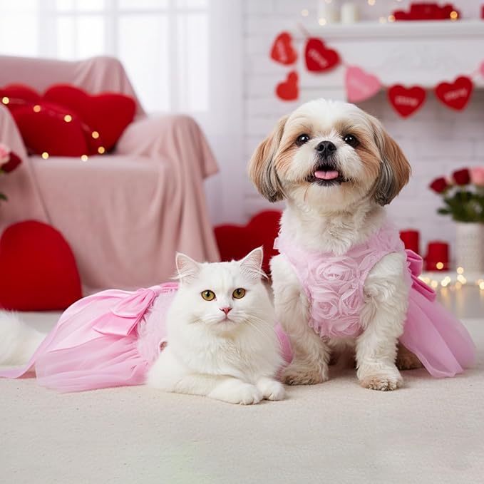 Valentine's Day Dog Dress Rose Tulle Tutu Skirt with Pink Bowknot for Small Dog Cat Valentine's Day Wedding Birthday Party Outfit