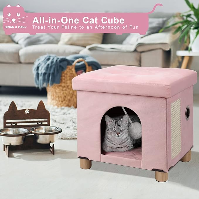 BRIAN & DANY Cat Beds for Indoor Cats,Cat Cave House for Kitten with Scratch Board & Ball,14.5X 12.5X 14.1 inches, Pink