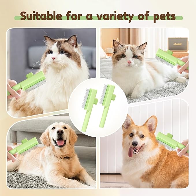 Pet Hair Removal Comb Flea Comb, 2025 Upgrade Cat Grooming Brush, Cat Brush with Release Button, De-Shedding Hair, Dog Grooming Supplies, Fine-Tooth Massage (Blue+Green)