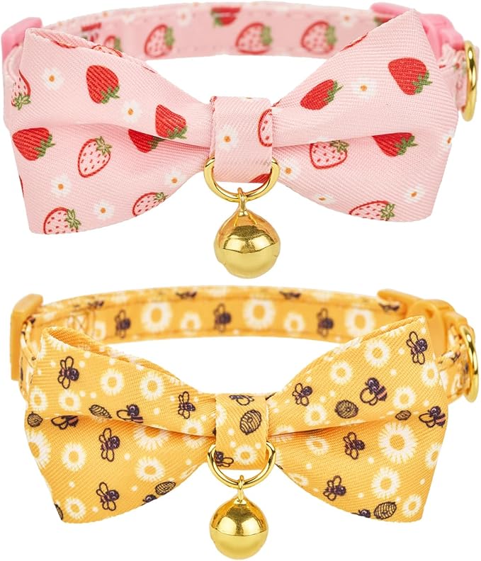 2 Pack Cute Cat Collar with Bow Tie & Bell, Adjustable Strawberry/Daisy Print Kitten Collars with Safety Breakaway Buckle for Cats & Small Dogs(Bee+Staw)