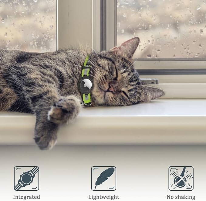 Reflective AirTag Cat Collar, Integrated Cat Tracker Collar with Air Tag Holder and Bell, Safety Elastic Band Cat GPS Collars for Girl Boy Cats, Kittens and Puppies (Olive,XS)