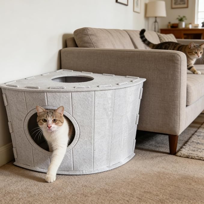 Felt Cat House, Space-Saving Closed Fan-Shaped Corner Design for Wall Corners & Sofa Nooks, with Self-Adhesive Cat Scratching Pad, Warm Cozy Cat Hideaway for Indoor Kittens & Adult Cats (Gray)