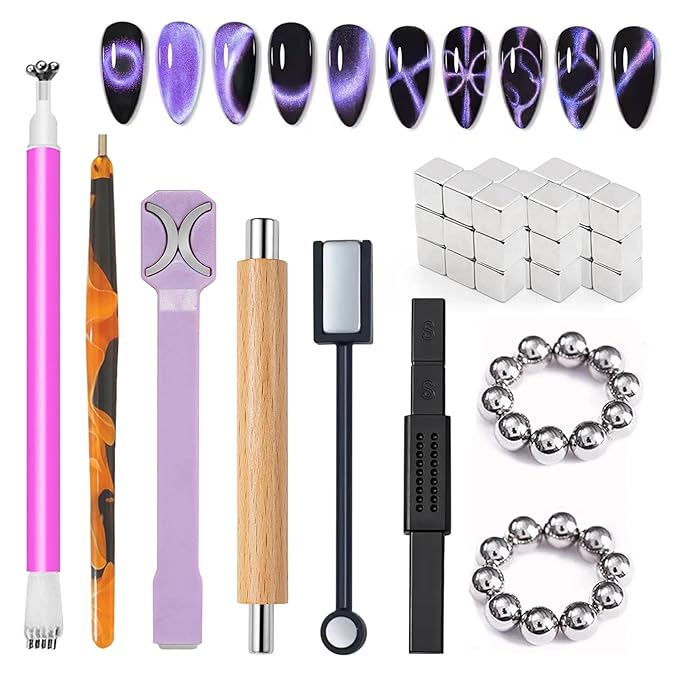 WOKOTO 53Pcs Cat Eye Nail Magnet With 3 Pcs Y-Shape Heart Magnet Stencil For Nail Art Tools Set, Cat Eye Magnet For Nails Wand Magnetic Nail Polish Magnet For Cat Eye Gel Polish Magnets Sticks Pens