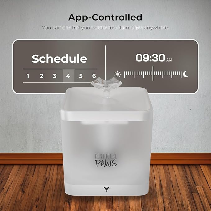 Penthouse Paws Smart Cat Water Fountain 2.2L, App Controlled Automatic Water Dispenser, Ultra Quiet Pump, 5-Stage Filter, Whisker Friendly Bowl, for Cat & Dog, White