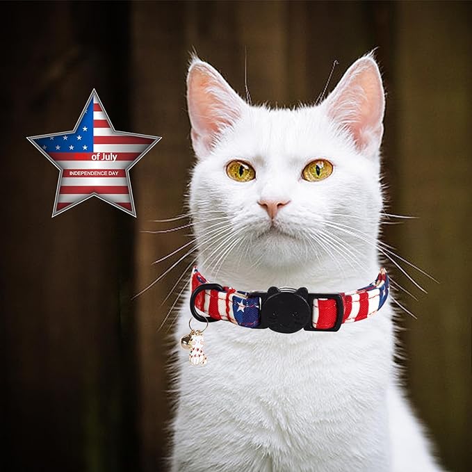 Elegant little tail Independence Cat Collar- 2 Pack Flag Print Cotton Breakaway Cat Collars with Bell Pendant Kitten Boy Girl Safety Adjustable Collar for Small Cats Puppy