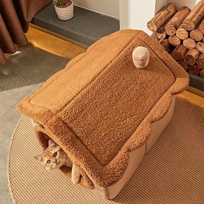 Cat Bed for Indoor Cats, Cozy Cave Bed Cat House Cats Tent with Removable Cushion Pillow, Soft Warm Pet House, Cute Bear Pet Nest for Kitten Small Dogs (Brown, M-18.1x14.57x15.75 Inches)