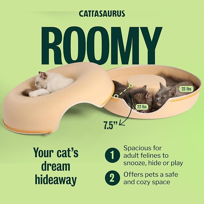Cattasaurus Peekaboo Cat Cave Donut for Multiple & Large Cats up to 30-45 lbs, 3-in-1 Self Warming Cat Bed, Tunnel & Scratcher for Indoor Cats, Washable & Detachable Dog Bed (Pastel Macaron, Large)