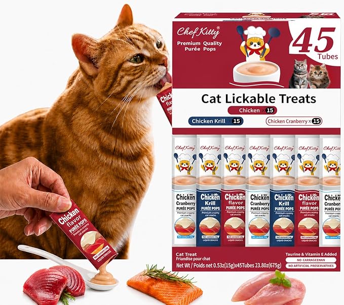 Purée Pops, Cat Treats, Grain-Free, Lickable, Squeezable Creamy Cat Treat/Topper with Vitamin E & Taurine, 0.5 Ounces Each Tube, 45 Tubes, Chicken Mix Variety