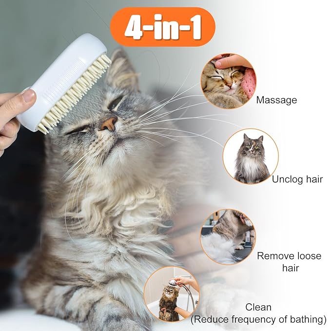 Cat Steam Brush, 4-in-1 Steam Brush For Cats, Electric Misting & Massage Tool For Cat Shedding Control, Gentle Grooming Cleaner, All-in-1 Pet Care Solution（White)