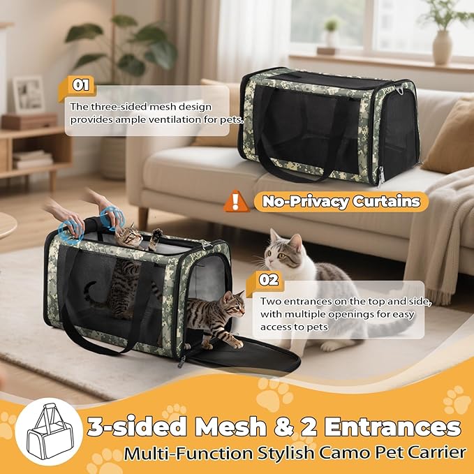 Cat Carrier Soft 25lbs Two Loading Pet Carriers Portable Small Dog Puppy Airline Approved Carrier with Side Pockets Foldable Portable for Outdoor Car Digital Camouflage