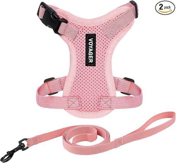 Voyager Escape-Proof Step-in Lock Cat Harness & 5ft Neoprene-Handle Leash Set All-Weather Mesh with Reflective Stitching for Small to Large Cats by Best Pet Supplies, Pink, S