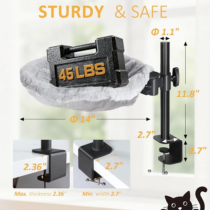 Topmart Cat Desk Bed with 360° Rotating & Adjustable Height, Cat Hammock for Desk with 2 Washable Pads, Easy to Install, Kittens Bed for Desk Attachment for Home Office,Up to 45LBS, Grey & Black