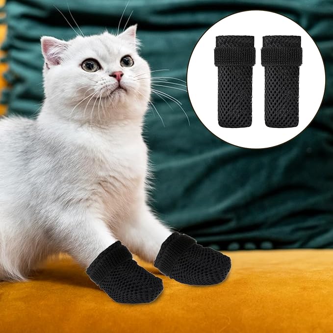 4 Packs Anti Scratch Cat Boots, Adjustable Cat Claw Protectors Covers, Black Breathable Mesh Cats Mittens Foot Covers for Indoor Cats Pet Bathing Cutting Nails