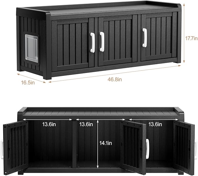 KAMABOKO Hidden Cat Litter Box Enclosure Furniture with 3 Doors & Multiple Windows, Waterproof PP Modern Litter Box Cabinet for Large Cats, Easy-to-Clean Cat Furniture for Living Room