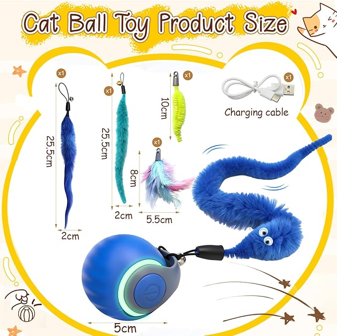 1 PCS Interactive Cat Toy Ball,Newly Speedy Tail and Moving Cat Tail Toy, Indoor Interactive Kitten Teaser Toys for Boredom, Automatic Cat Exercise Toy for Cats with 4 Tails-Blue