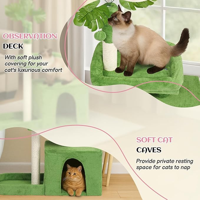 VINGLI Cat Tree, Cat Tower with Leaves, Cat Condo for Indoor Kittens, Cats Activity Center with Cozy Hammock, Sisal Scratching Posts, Green (40" H)