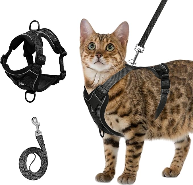 shudyear Cat Chest Harness and Leash Set Adjustable Anti-Escape Soft Mesh Cat Vest for Walking Outdoor (Blcak, XL)
