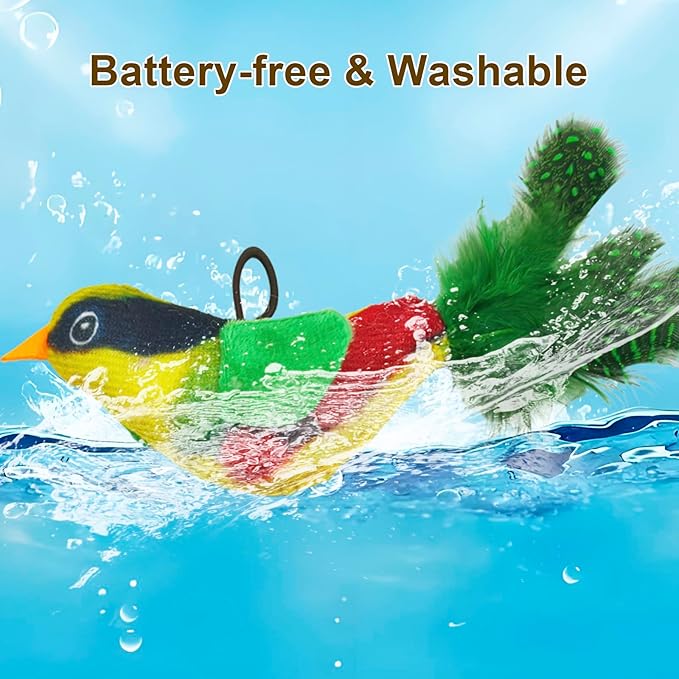 Battery-Free Flying Bird Cat Toy for Indoor Cats,Physically Generates Realistic Chirps, with Suction Cup Adhesive Strips & Lanyard (Green)