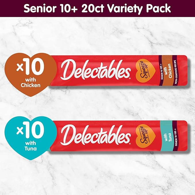 Delectables Squeeze Up Senior 10+ Variety Pack, Creamy Squeezable Puree, Lickable Wet Cat Treats, Grain-Free, No Added Fillers, 0.5 Ounces Tube, 20 Tubes Total