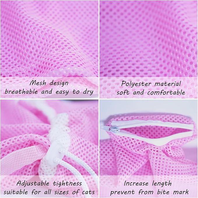 Cat Bathing Grooming Bag - Anti Bite & Anti Scratch Adjustable Pet Restraint for Bathing, Nail Trimming, Medicine, Injection - Secure & Calming with Adjustable Straps & Zippers (Pink)
