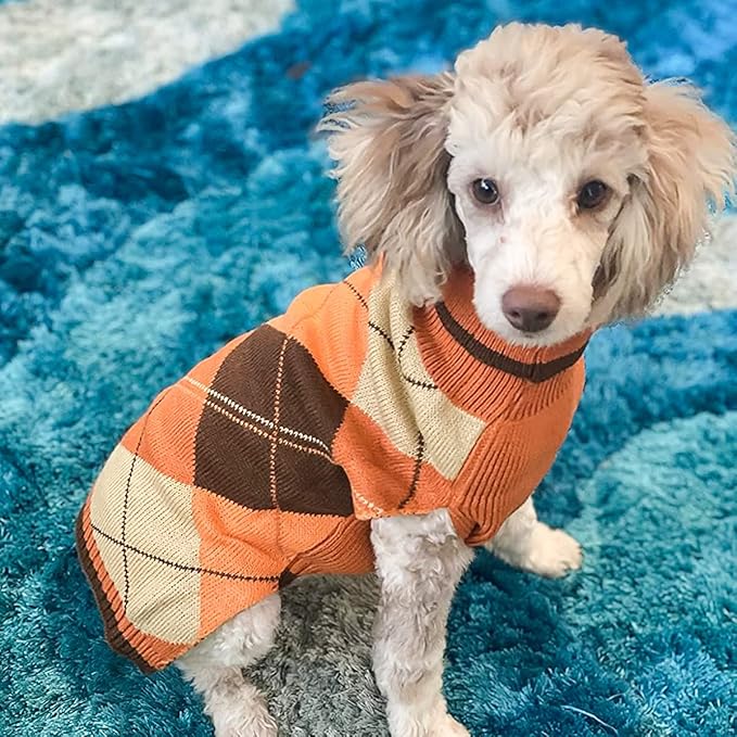 KOOLTAIL Fall Dog Sweater Pet Knitted Clothes - Thanksgiving Classic Plaid Pullover Turtleneck Dog Sweaters with Leash Hole, Thick Cold Weather Pet Outfits for Small Medium Large Dogs Cats Puppy, S