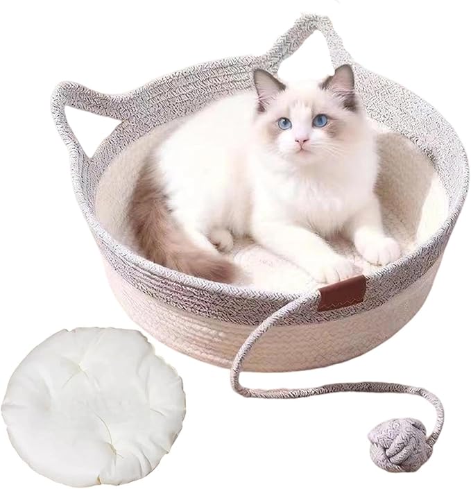 Handwoven Cotton Rope Interactive Cat Bed Basket, Foldable & Scratchable Nest with Toy Ball and Cushion, Stimulating Instinct Basket for Cats & Kittens, Silent Play Cat Basket Nest(Grey,Medium)