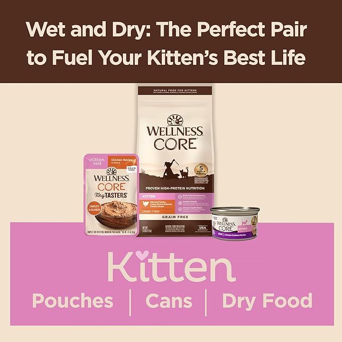 Wellness CORE Tiny Tasters Minced and Pate Variety Pack Kitten Wet Cat Food, Natural, Protein Rich, Grain Free, Chicken Recipes, 1.75 oz, Pack of 12 Pouches