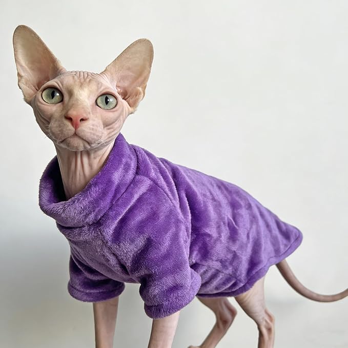 Turtleneck Sphynx Cat Clothes for Cats Only, Fleece Sphynx Hairless Cat Clothes Sweaters,Sphinx Kitten Winter Coat Outfits Apparel Costume for Cornish Rex and Devon Rex,Purple,L