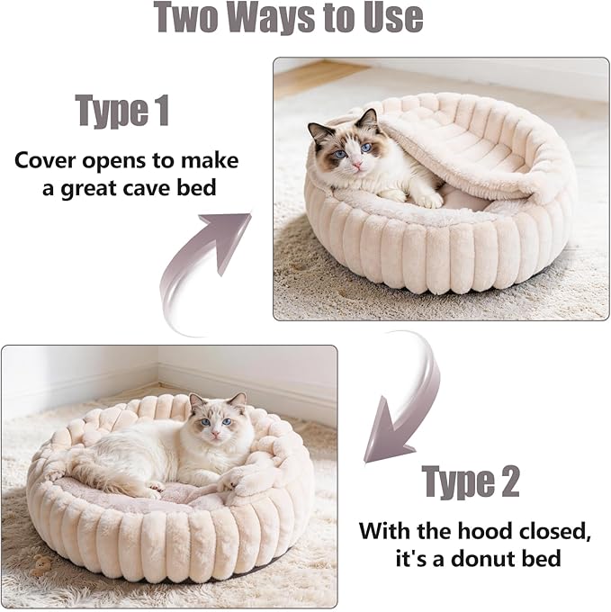 Cat Beds for Indoor Cats, 2 in 1 Cat Cave Bed Kitten Bed for Small Pets, Small Dog Bed with Cover, Pet Bed for Puppy and Kitten with Anti-Slip Bottom-Beige Pink-24 inches