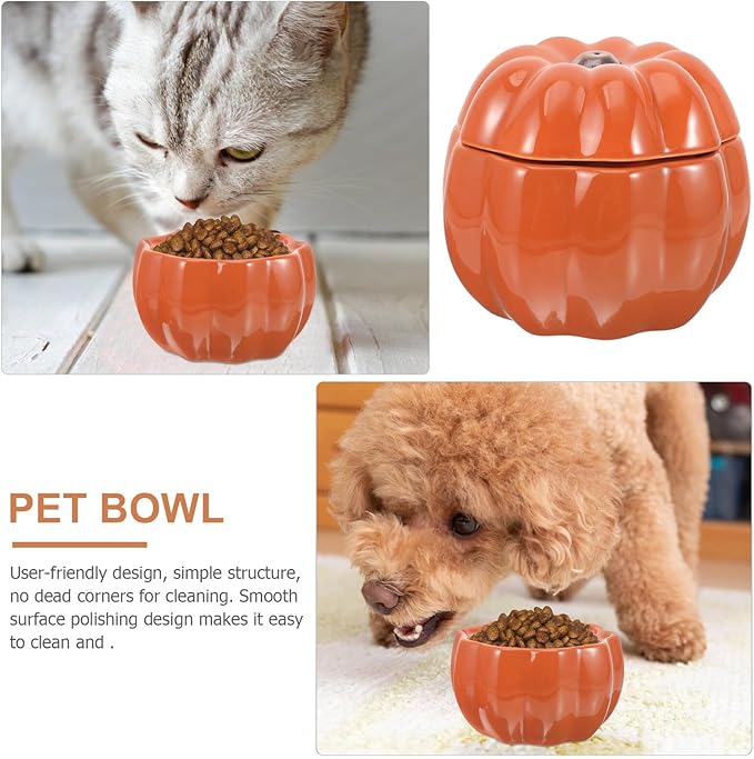 Ceramic Raised Pumpkin-Shaped Pet Food Bowls for Cats and Dogs, Sturdy Dual Feeding and Watering Bowls, High-Profile Design Protecting Neck for Puppies and Adult Pets, Orange