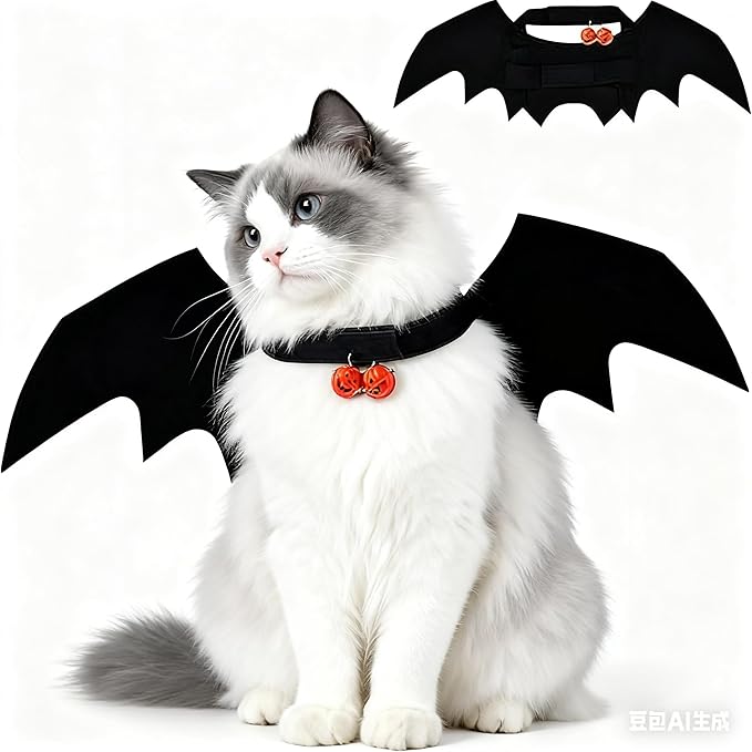 Upgraded Cat Halloween Costume Bat Wings with Pumpkin Bells - Premium Pet Apparel for Cats & Small Dogs, Adjustable Bat Wing Costume for Halloween Party, Christmas, Birthday Cosplay Dress Up