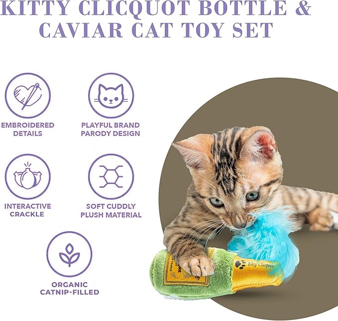Haute Diggity Kitty Clicquot Champagne & Caviar Set, Plush Cat Toys Catnip Filled with Interactive Crackle Sound, Safe, Durable Toys for Cat & Kitten, 2 Pcs