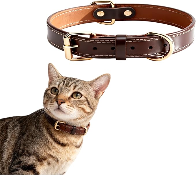 Genuine Leather Cat Collar Adjustable Durable and Comfortable for Cats, Puppies, and Extra Small Dogs(S,15" (Neck Fits 10"-13")