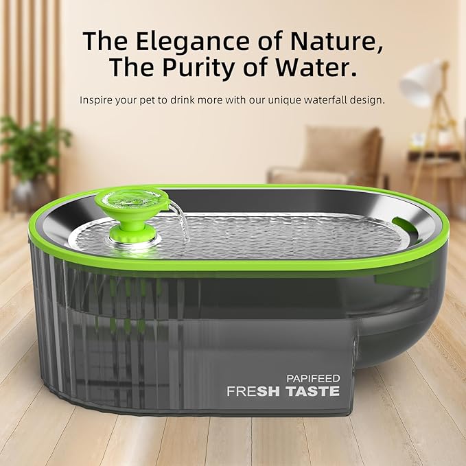 PAPIFEED Cat Water Fountain Stainless Steel with a Silicone Mat, 84oz/2.5L Automatic Pet Water Fountain with LED Water Level Window, Quiet Low Power Cat Water Bowl & Cat Water Dispenser (Green)