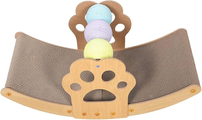 Kisangel Rocking Cat Scratching Lounger Bed with Colorful Balls Scratch-Resistant Cardboard Pad for Indoor Cats and Resting Furniture