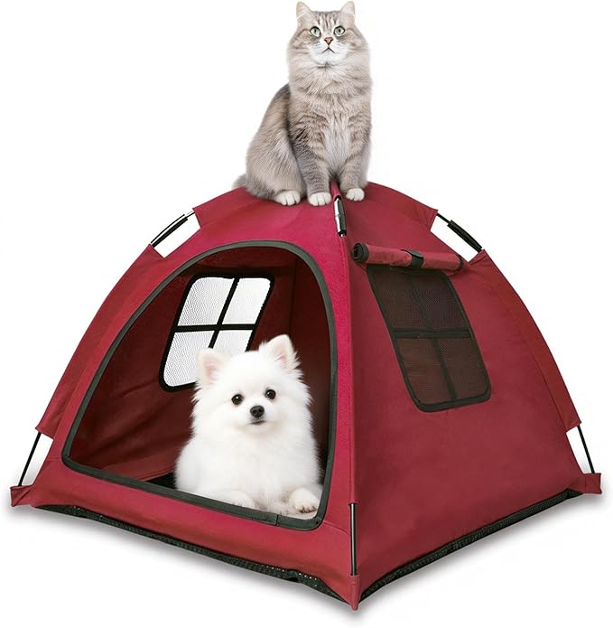 Anti-Anxiety Open Pet Tent, Calming Hideaway Monitoring Bed for Cats & Small Dogs, Breathable Mesh, Tool-Free Setup, Indoor Outdoor Travel, Red