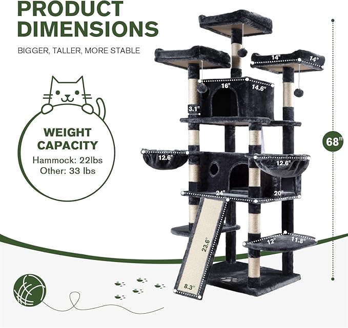 IMUsee 68 Inches Multi-Level Large Cat Tree for Large Kitties/Big Cat Tower with Condo/Cozy Plush Perches/Sisal Scratching Posts and Hammocks/ ‌Feline Activity Center Play House/Smoky Grey