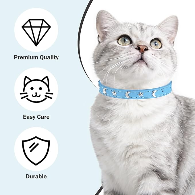 Leather Cat Collars for Boy Girl Cats with Bell and Safety Elastic Belt, Personalized Star and Moon Stud Adjustable Safe Buckle Collar for Kitty Small Big Cats Size 8-12 Inch, Light Blue