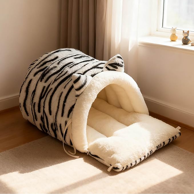 Washable Cat Bed - Warm Plush Washable Non-Slip | Semi-Enclosed Kitten Bed Cat Furniture,for Kitten Puppy Pet Sleeping Calming Cold Weather Indoor Home Decor Apartment Living Room (White)