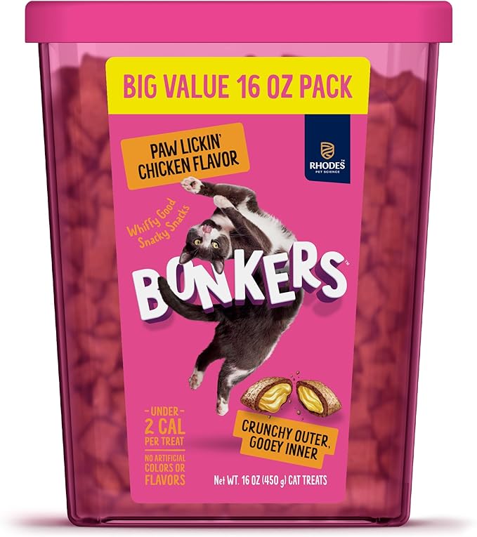 GYCO Bonkerrs Crunchy and Soft Cat Treats Paw Lickin Chicken Flavor 16 oz. Free from Artificial Colors and Flavors, Wheat & Soy.