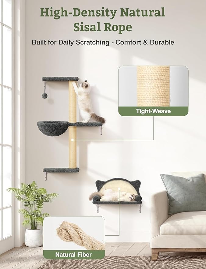 5-in-1 Cat Wall Shelves, Solid Wood & Velvet Wall Mounted Cat Furniture with Sisal Scratching Post, Holds Up to 44lbs, Fits Drywall & Solid Walls - Dark Gray