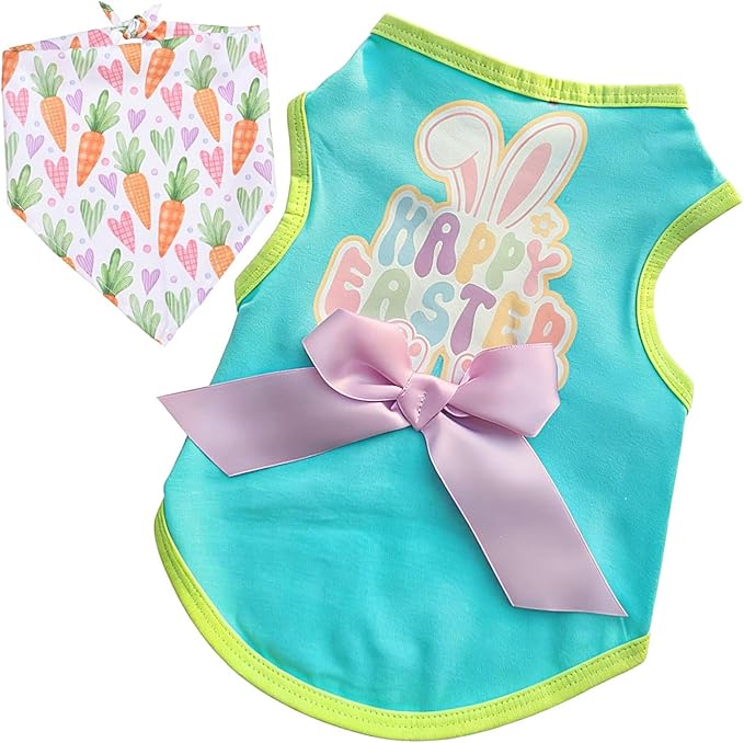 Small Dog Happy Easter Outfit Bunny Shirt & Bandanas Pet Cat Clothes Vest Blue M