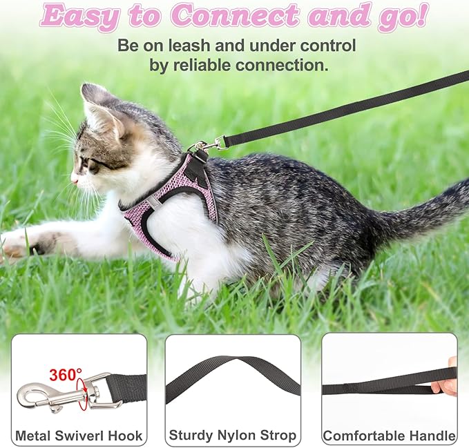 Cat Harness and Leash for Walking Escape Proof, Adjustable Kitten Vest Harness Reflective Soft Mesh Puppy Harness for Outdoor, Comfort Fit, Easy to Control (Lpink, XXS)